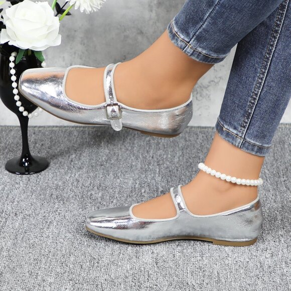 Silver Cushioned Insole Classic Mary Jane Ballet Flat Adjustable Ankle Strap - Picture 1 of 11